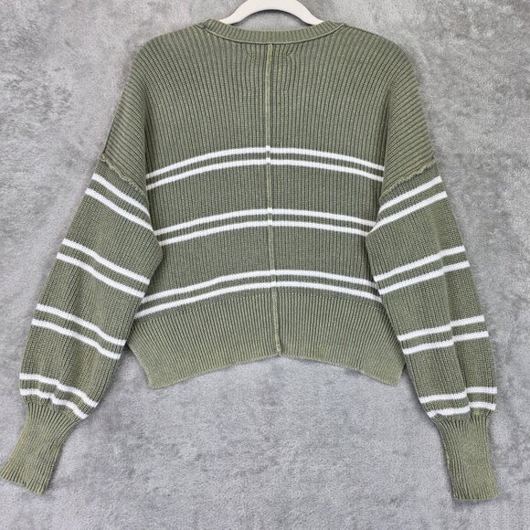 Aerie Sweater Womens XS Green White Stripe V Neck Balloon Sleeve Pullover Knit - Picture 2 of 10